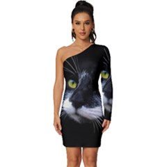 Face Black Cat Long Sleeve One Shoulder Mini Dress by Ket1n9