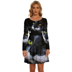 Face Black Cat Long Sleeve Wide Neck Velvet Dress by Ket1n9