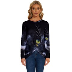 Face Black Cat Long Sleeve Crew Neck Pullover Top by Ket1n9