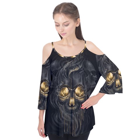 Art Fiction Black Skeletons Skull Smoke Flutter Sleeve T-shirt  by Ket1n9