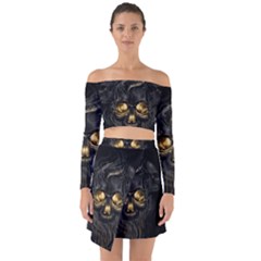 Art Fiction Black Skeletons Skull Smoke Off Shoulder Top With Skirt Set