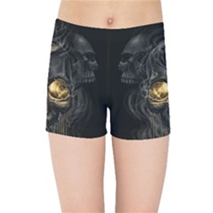 Art Fiction Black Skeletons Skull Smoke Kids  Sports Shorts by Ket1n9