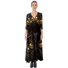 Art Fiction Black Skeletons Skull Smoke Button Up Boho Maxi Dress by Ket1n9