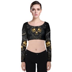 Art Fiction Black Skeletons Skull Smoke Velvet Long Sleeve Crop Top by Ket1n9