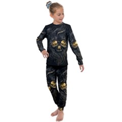 Art Fiction Black Skeletons Skull Smoke Kids  Long Sleeve Set  by Ket1n9