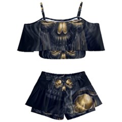 Art Fiction Black Skeletons Skull Smoke Kids  Off Shoulder Skirt Bikini by Ket1n9