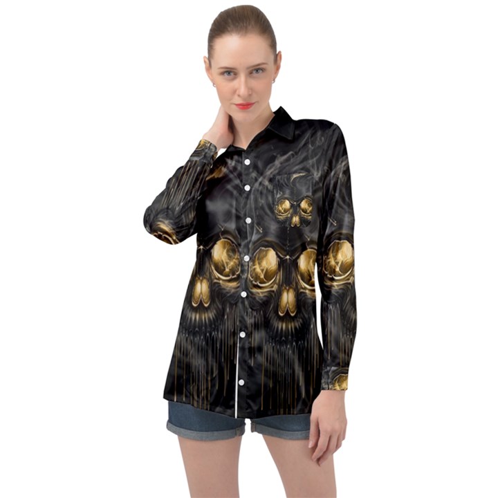 Art Fiction Black Skeletons Skull Smoke Long Sleeve Satin Shirt