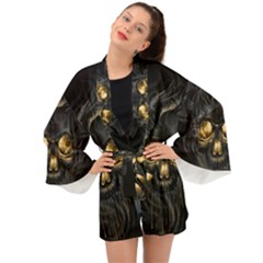 Art Fiction Black Skeletons Skull Smoke Long Sleeve Kimono by Ket1n9