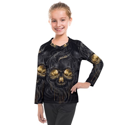 Art Fiction Black Skeletons Skull Smoke Kids  Long Mesh T-shirt by Ket1n9