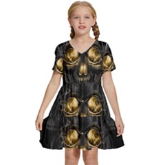 Art Fiction Black Skeletons Skull Smoke Kids  Short Sleeve Tiered Mini Dress by Ket1n9