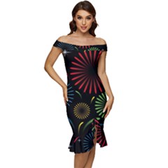 Fireworks With Star Vector Off Shoulder Ruffle Split Hem Bodycon Dress by Ket1n9