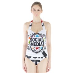 Social Media Computer Internet Typography Text Poster Halter Swimsuit by Ket1n9