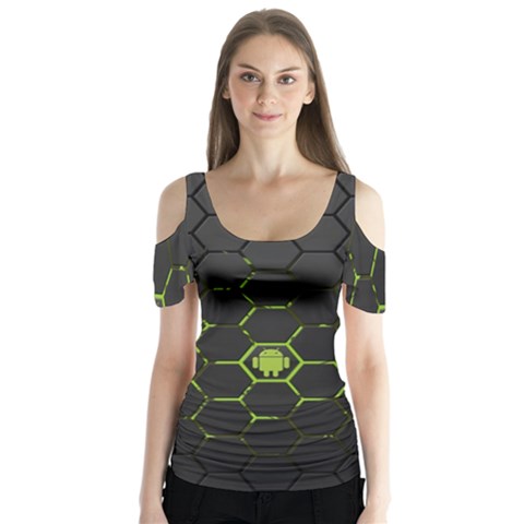 Green Android Honeycomb Gree Butterfly Sleeve Cutout T-shirt  by Ket1n9