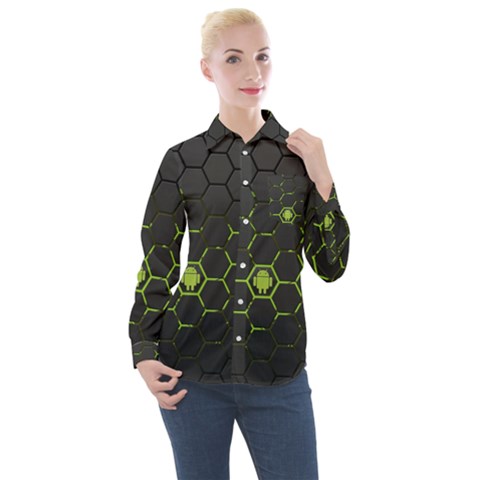 Green Android Honeycomb Gree Women s Long Sleeve Pocket Shirt by Ket1n9