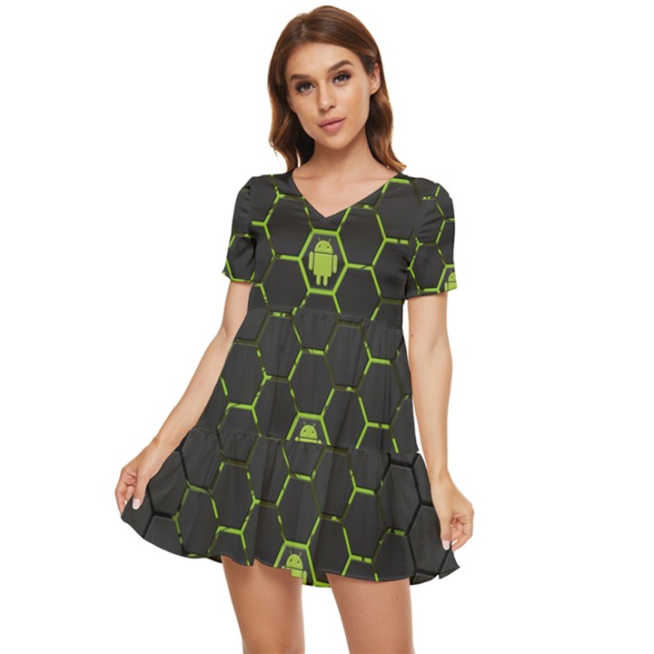 Green Android Honeycomb Gree Tiered Short Sleeve Babydoll Dress