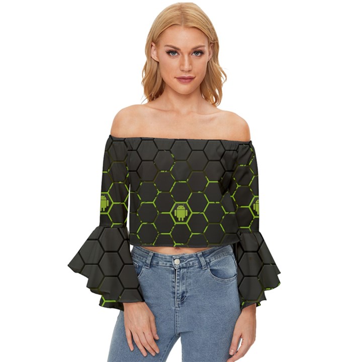 Green Android Honeycomb Gree Off Shoulder Flutter Bell Sleeve Top