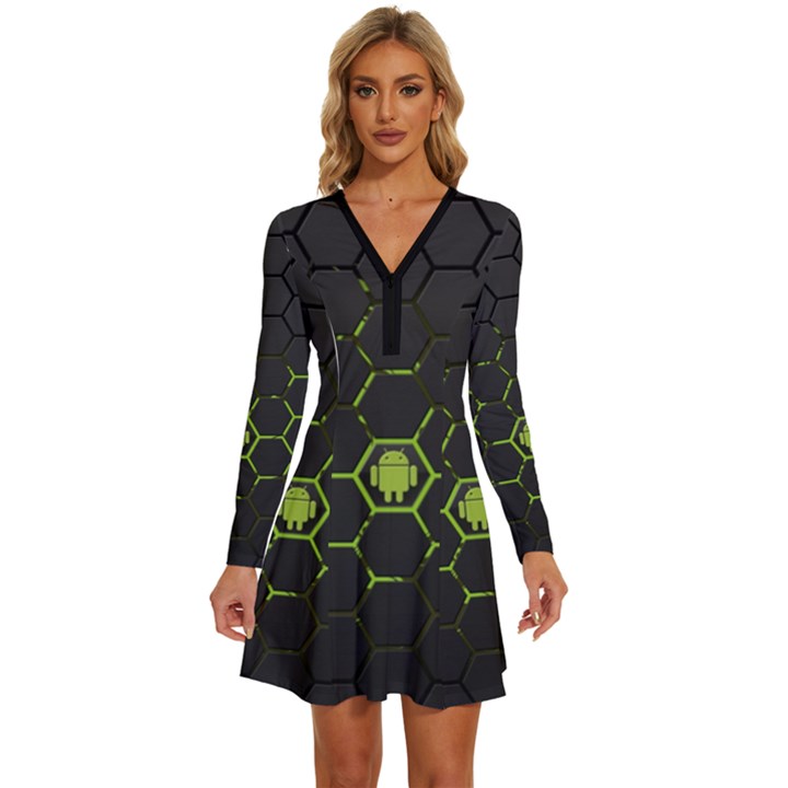 Green Android Honeycomb Gree Long Sleeve Deep V Mini Dress 