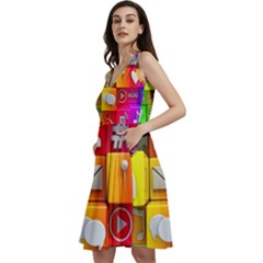 Colorful 3d Social Media Sleeveless V-neck Skater Dress With Pockets by Ket1n9