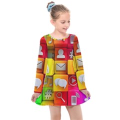 Colorful 3d Social Media Kids  Long Sleeve Dress by Ket1n9