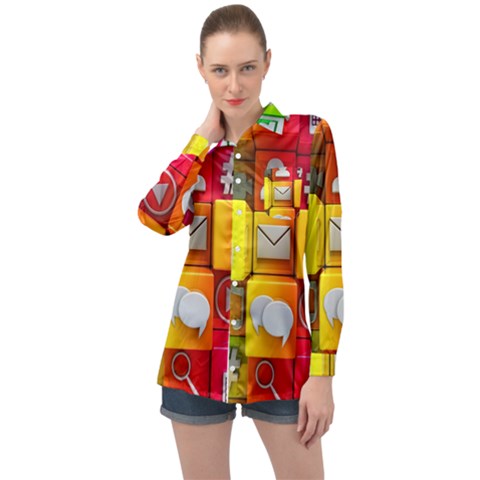 Colorful 3d Social Media Long Sleeve Satin Shirt by Ket1n9