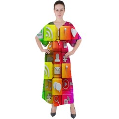 Colorful 3d Social Media V-neck Boho Style Maxi Dress by Ket1n9