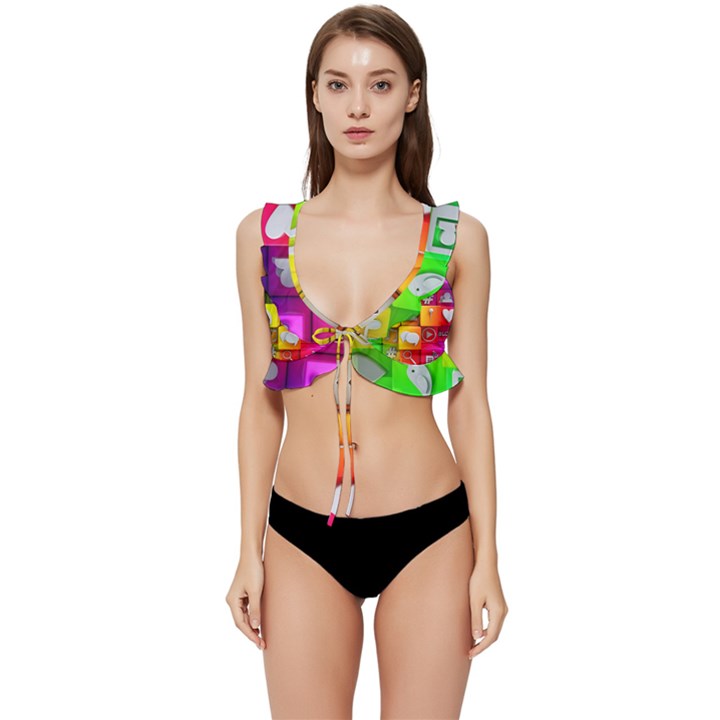 Colorful 3d Social Media Low Cut Ruffle Edge Bikini Top