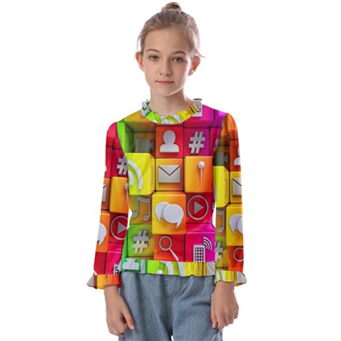 Colorful 3d Social Media Kids  Frill Detail T-shirt by Ket1n9