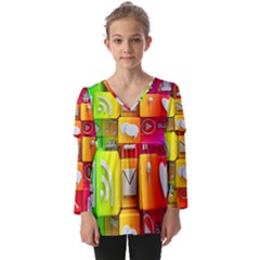 Colorful 3d Social Media Kids  V Neck Casual Top by Ket1n9