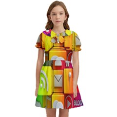 Colorful 3d Social Media Kids  Bow Tie Puff Sleeve Dress by Ket1n9