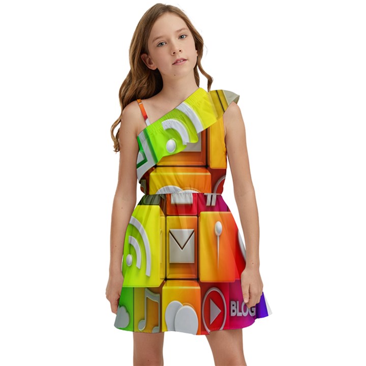 Colorful 3d Social Media Kids  One Shoulder Party Dress