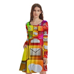 Colorful 3d Social Media Long Sleeve Knee Length Skater Dress With Pockets by Ket1n9