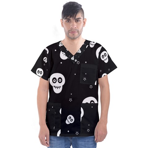 Skull Pattern Men s V-neck Scrub Top by Ket1n9