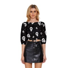 Skull Pattern Mid Sleeve Drawstring Hem Top