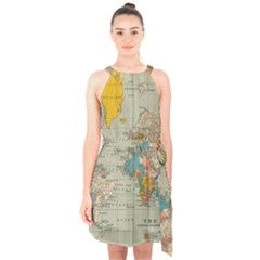 Vintage World Map Halter Collar Waist Tie Chiffon Dress by Ket1n9