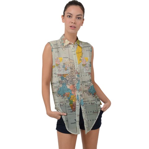 Vintage World Map Sleeveless Chiffon Button Shirt by Ket1n9