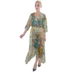 Vintage World Map Quarter Sleeve Wrap Front Maxi Dress by Ket1n9