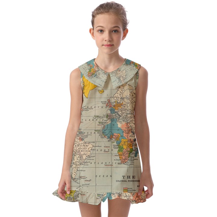 Vintage World Map Kids  Pilgrim Collar Ruffle Hem Dress