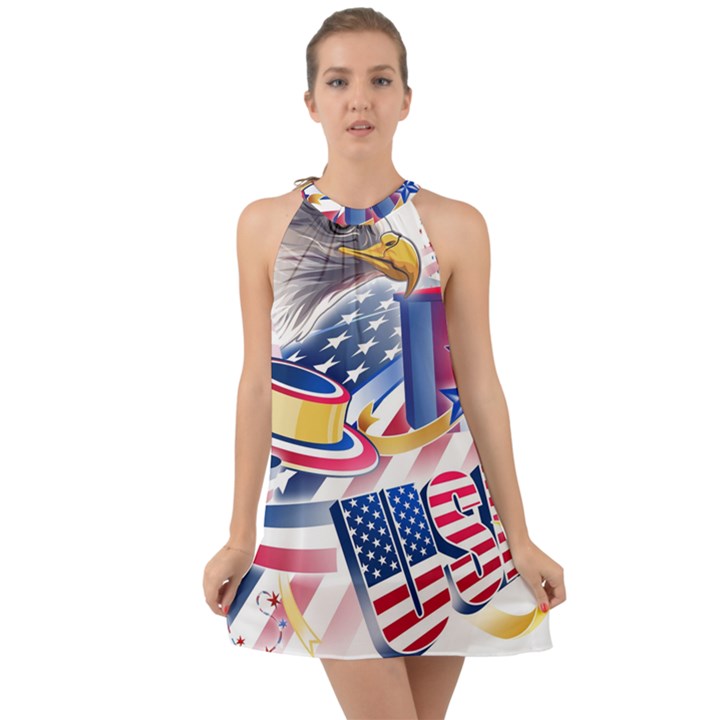 United States Of America Usa  Images Independence Day Halter Tie Back Chiffon Dress