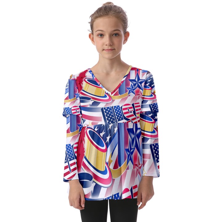 Independence Day United States Of America Kids  V Neck Casual Top