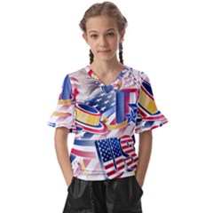 United States Of America Usa  Images Independence Day Kids  V-neck Horn Sleeve Blouse by Ket1n9