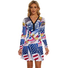 United States Of America Usa  Images Independence Day Long Sleeve Deep V Mini Dress  by Ket1n9