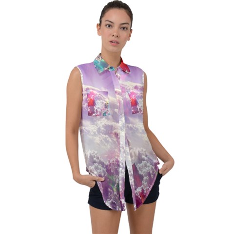 Clouds Multicolor Fantasy Art Skies Sleeveless Chiffon Button Shirt by Ket1n9