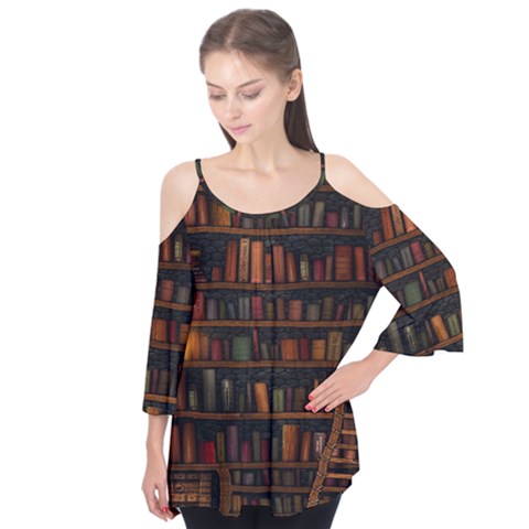 Books Library Flutter Sleeve T-shirt  by Ket1n9