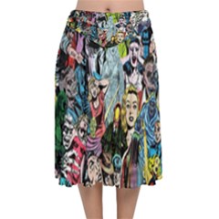 Vintage Horror Collage Pattern Velvet Flared Midi Skirt by Ket1n9