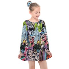 Vintage Horror Collage Pattern Kids  Long Sleeve Dress by Ket1n9