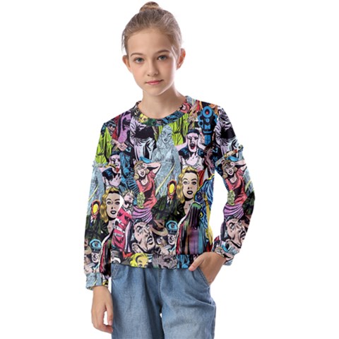 Vintage Horror Collage Pattern Kids  Long Sleeve T-shirt With Frill  by Ket1n9