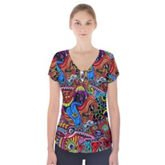 Art Color Dark Detail Monsters Psychedelic Short Sleeve Front Detail Top by Ket1n9