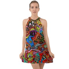 Art Color Dark Detail Monsters Psychedelic Halter Tie Back Chiffon Dress by Ket1n9