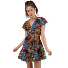 Art Color Dark Detail Monsters Psychedelic Flutter Sleeve Wrap Dress by Ket1n9