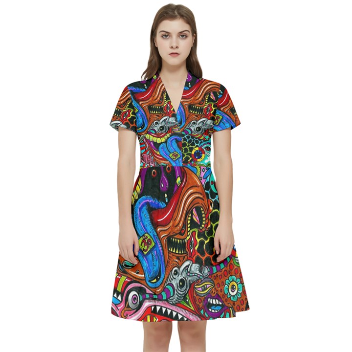 Art Color Dark Detail Monsters Psychedelic Short Sleeve Waist Detail Dress